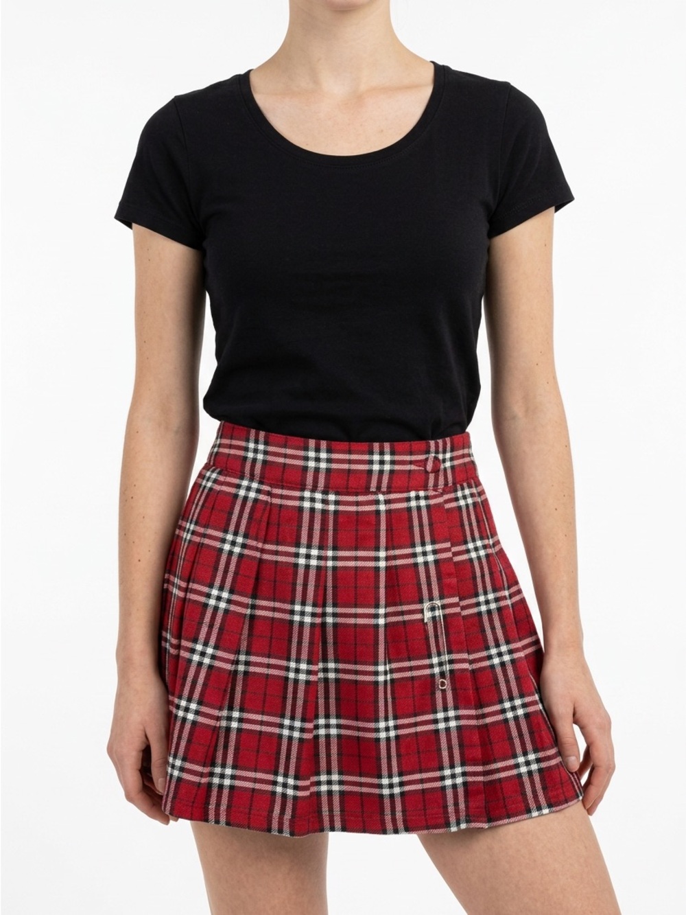 SPIRIT • Red Plaid Pleated Punk Mini Skirt Safety Pin Detail S/M